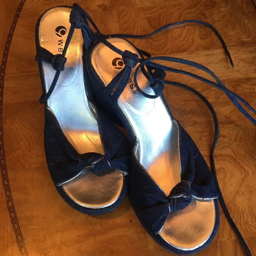 OO 9 West Denim Ankle Tie Wedges!